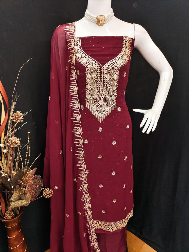 VARNI FABRICS Georgette Dress Material for Women Embroidered Unstitched Woman Salwar Suit Dress Material With Chiffon Dupatta Dark Purple