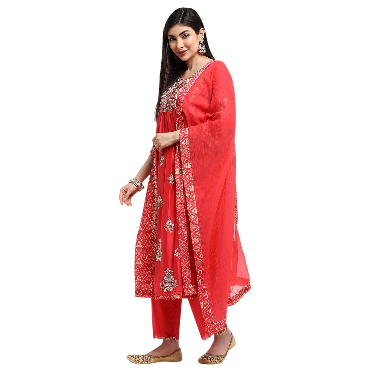 Biba Women's Silk Chanderi Kurta Set (SKDKALKR9823AW24CRLRED_Coral-Red
