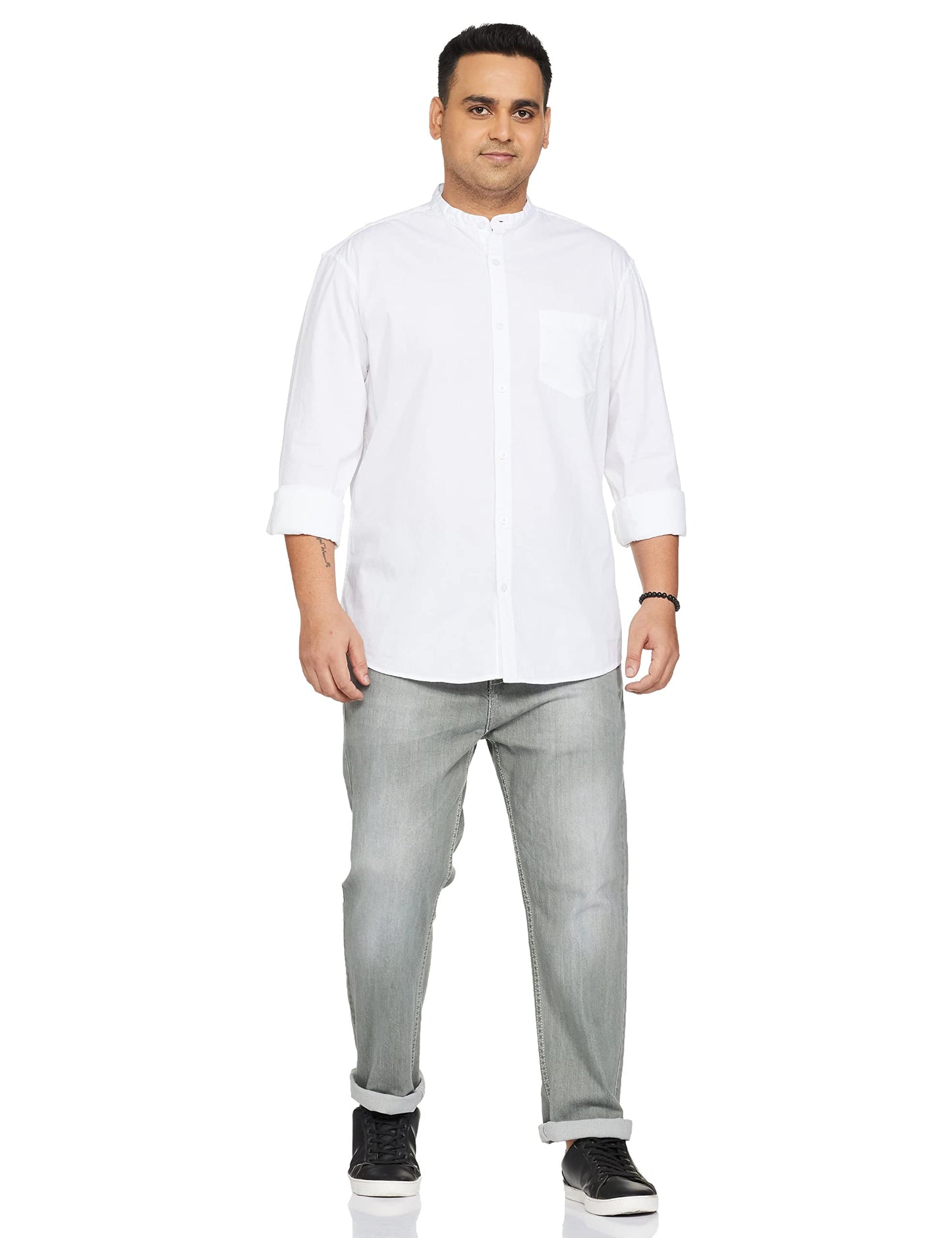 Amazon Brand - Symbol Men's Cotton Shirt | Chinese Collar | Casual | Plain | Full Sleeve | Summer - Regular Fit (Available In Plus Size, White_M)