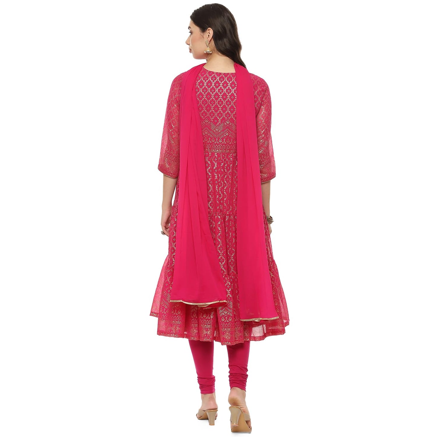 BIBA Women Cotton Blend Printed Anarkali Salwar Kurta Dupatta(Skdgold Mur9143_Fuchsia_42), Pink