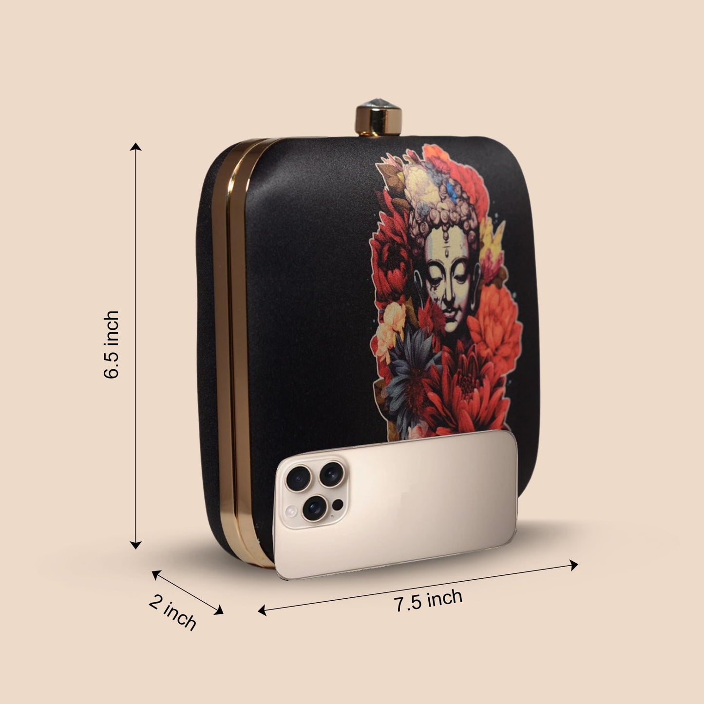 Artklim Black Buddha & Flowers Print Clutch Handbag for Women & Girls - Handcrafted Box Statement Sling Bag - Fashionable Evening Purse - Gift for Mother