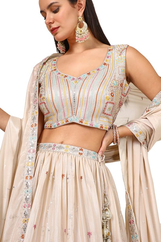 Soch Womens Beige Chinon Blend Embroidered Ghagra Choli With Sequins