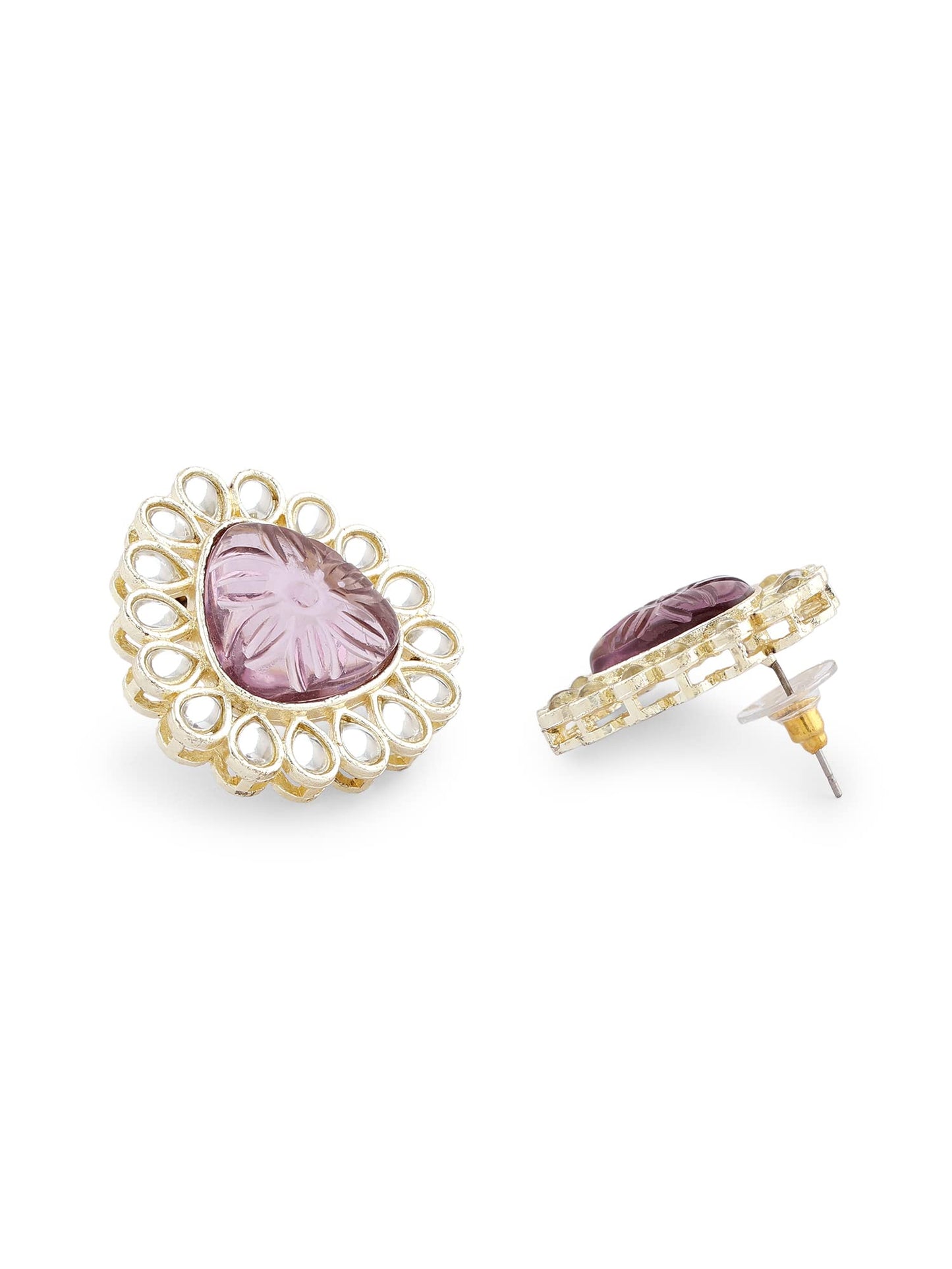 ZAVERI PEARLS Pink Purple Stones Embellished Kundan Necklace Earring & Ring Set For Women-ZPFK15937