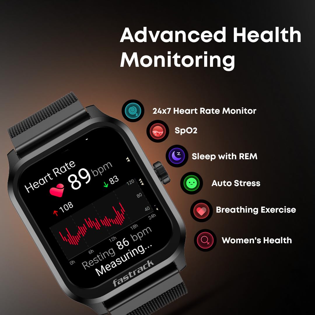 Fastrack Jupiter Retro 1.83" Display Smart Watch with Bluetooth Calling, Functional Crown, Metal Strap, 100+ Sports Modes, Health Suite, IP68, 5-Day Battery – for Men & Women Latest (Black Mesh)