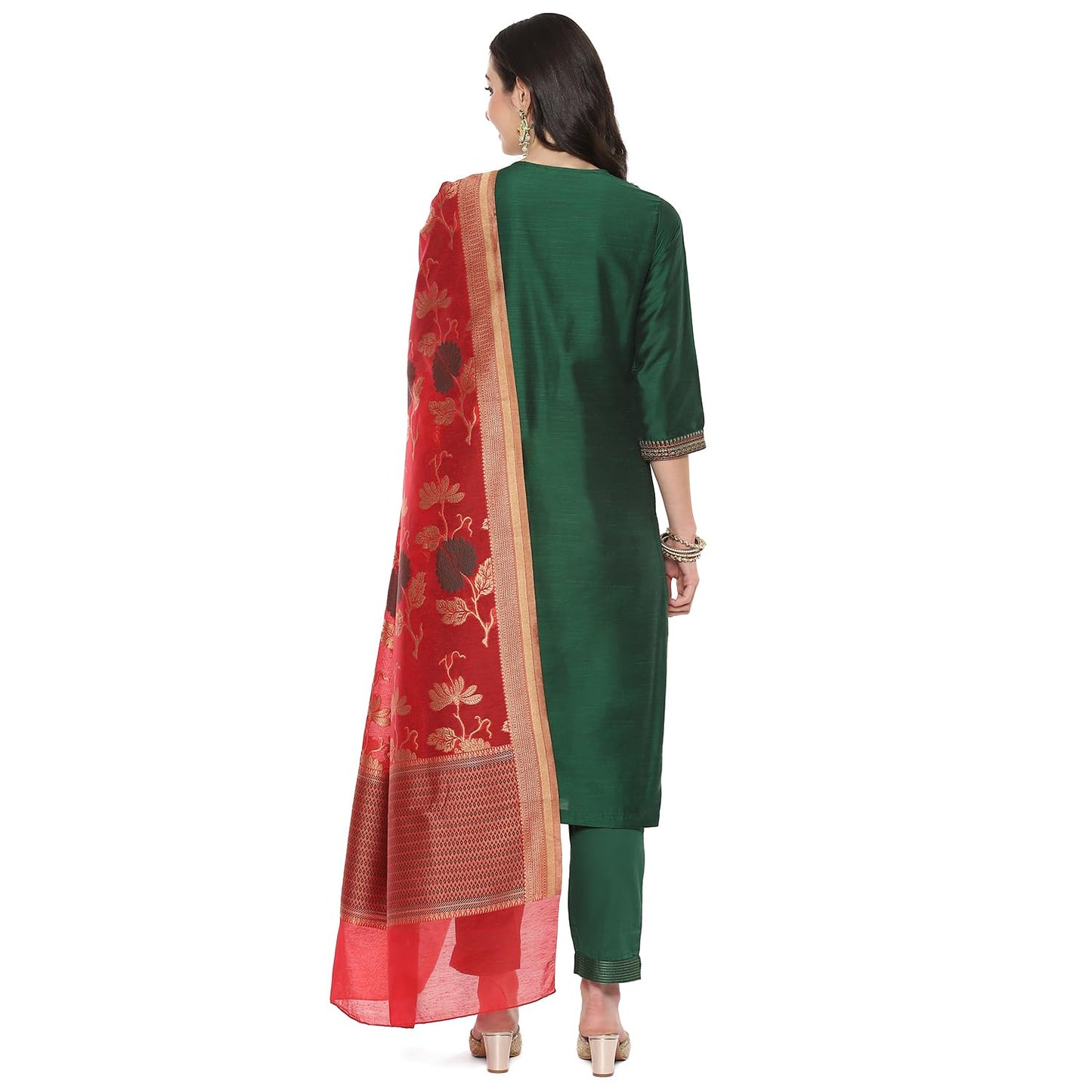 BIBA Women's Cotton Blend Embroidery Straight Salwar Kurta Dupatta (Skdbanarasi8852_Green/Red_34)