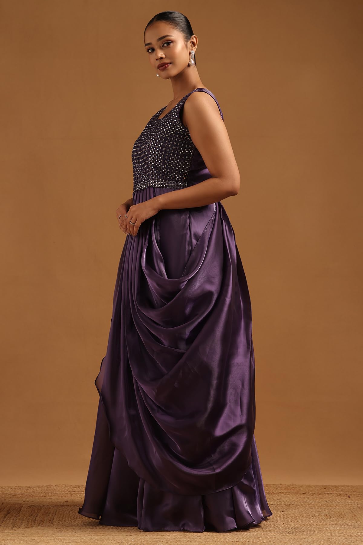 Soch Womens Purple Tissue Embellished Gown with Mirror Work