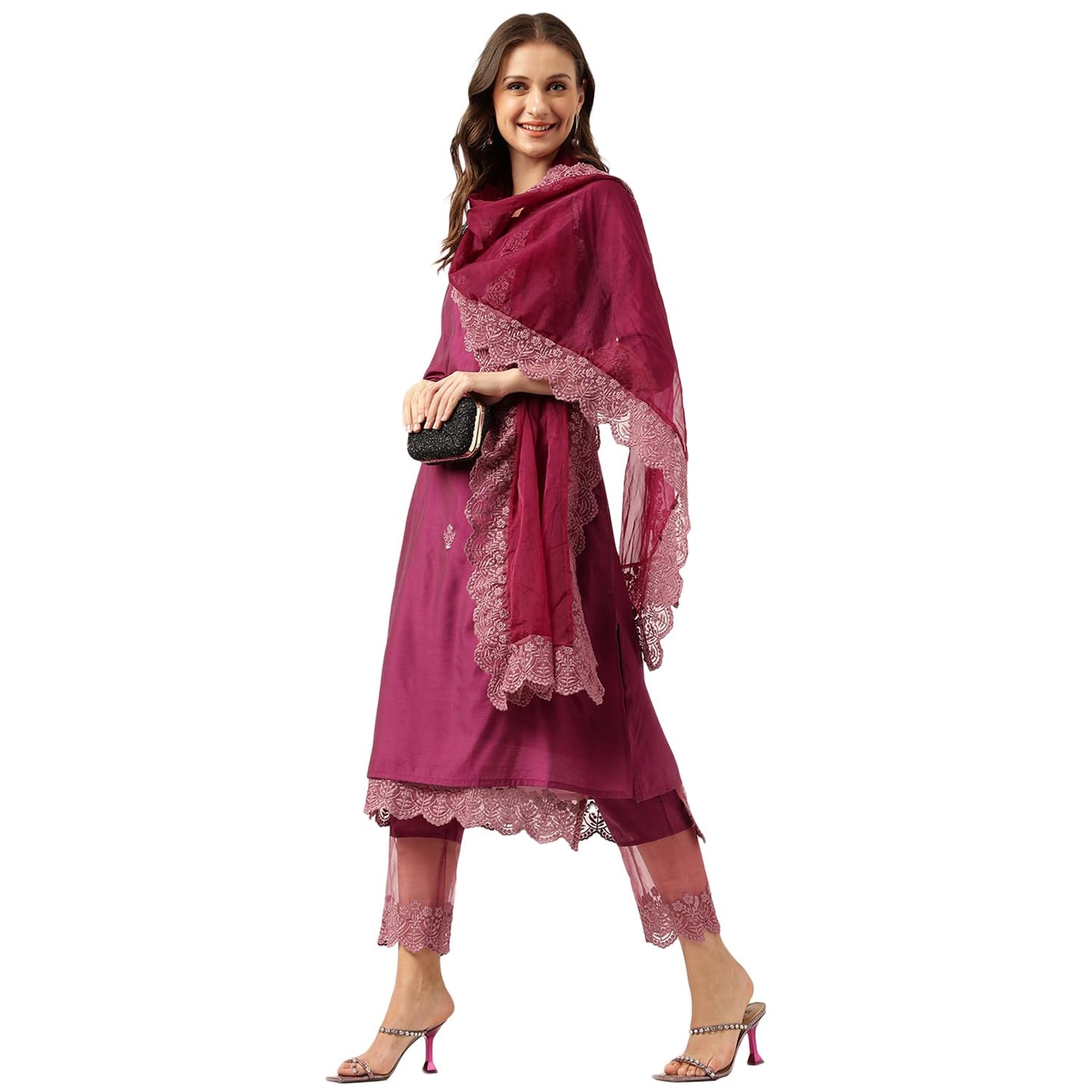 Divena Solid Chanderi Kurta Trouser Inner with Dupatta Set