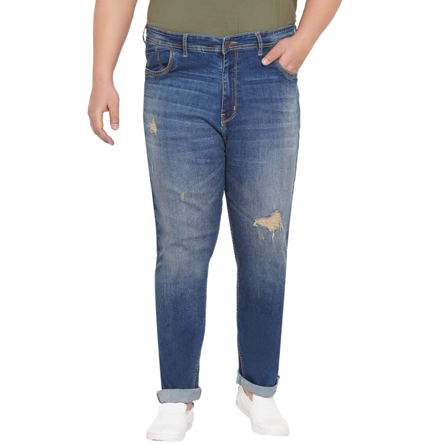 JOHN PRIDE Plus Size Men's Stretchable Mid-Rise Comfort Fit Ripped Blue Cotton Jeans for Men