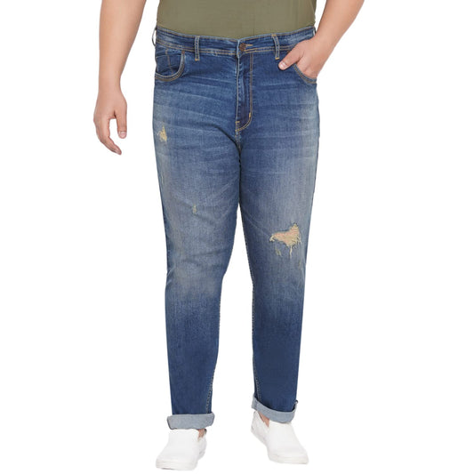 JOHN PRIDE Plus Size Men's Stretchable Mid-Rise Comfort Fit Ripped Blue Cotton Jeans for Men