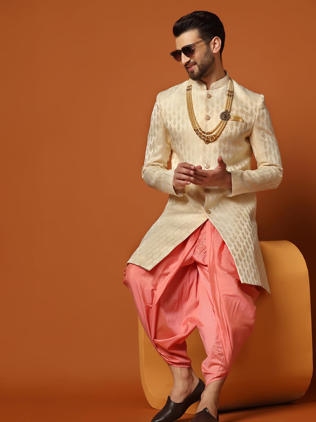 KISAH Men's Cream Indo-Western Sherwani Dhoti Set, Cotton Full Sleaves, Knee Length, Straight, Regular Fit, Mandarin Collar Ethnic Wear