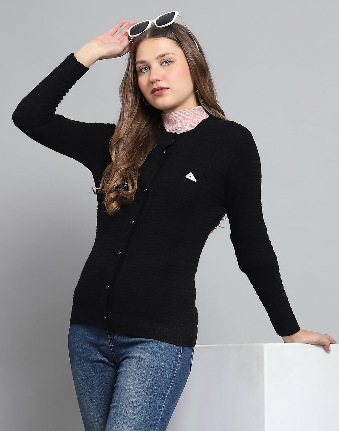 Monte Carlo Womens Self Design Black Round Neck Full Sleeve Cardigan