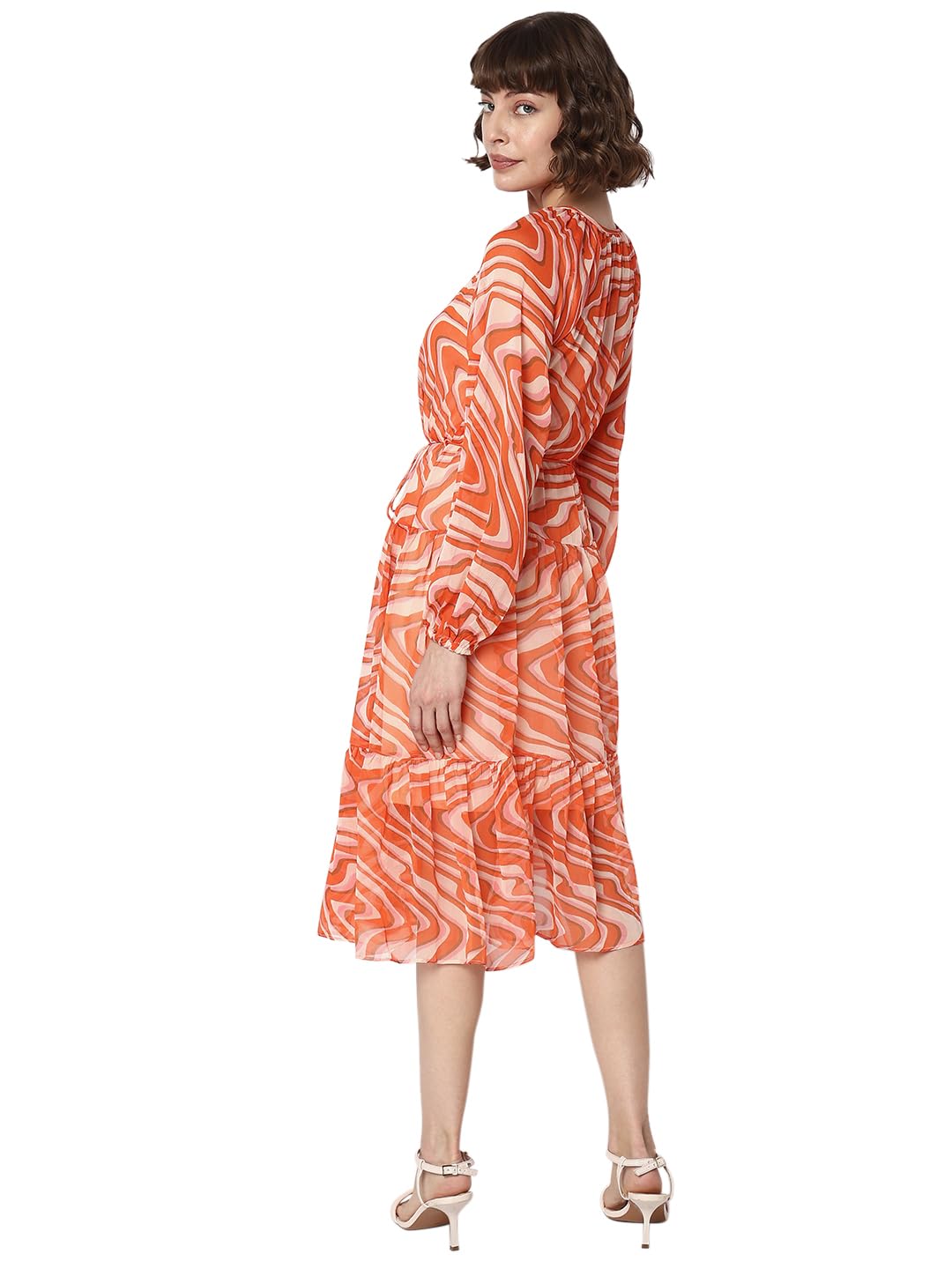 VERO MODA Women's Polyester Modern Midi Casual Dress (10299664-Coral Cloud_Coral