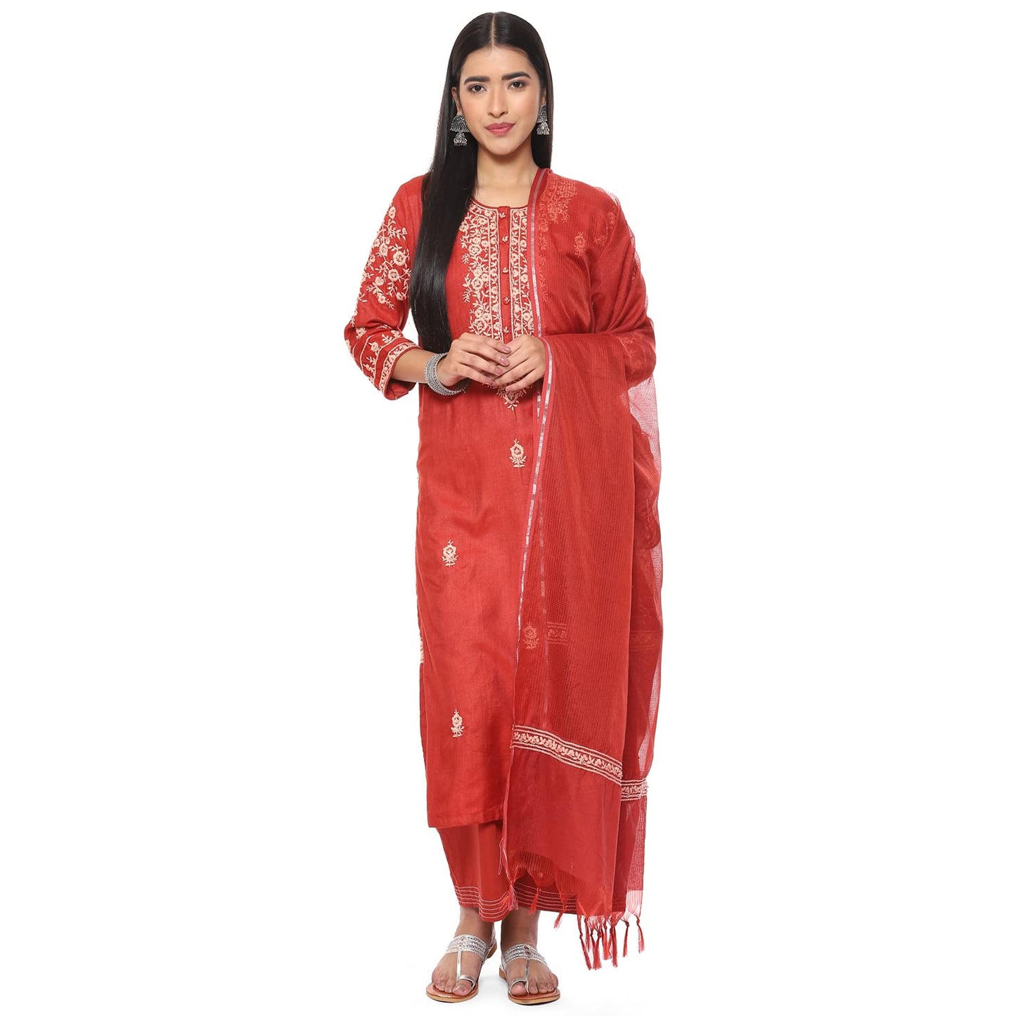 BIBA Women Embroidery Straight Salwar Kurta Dupatta(SKDCHIKANKA8156_Terracotta_38)