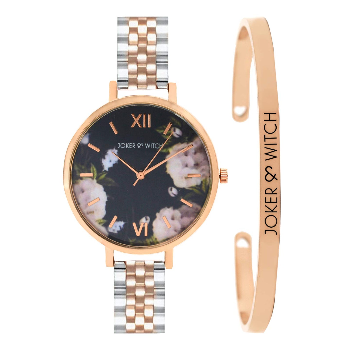 Joker & Witch Stainless Steel Jade Floral Dial Rosegold Analog Watch Bracelet Gift Set For Women, Silver Band