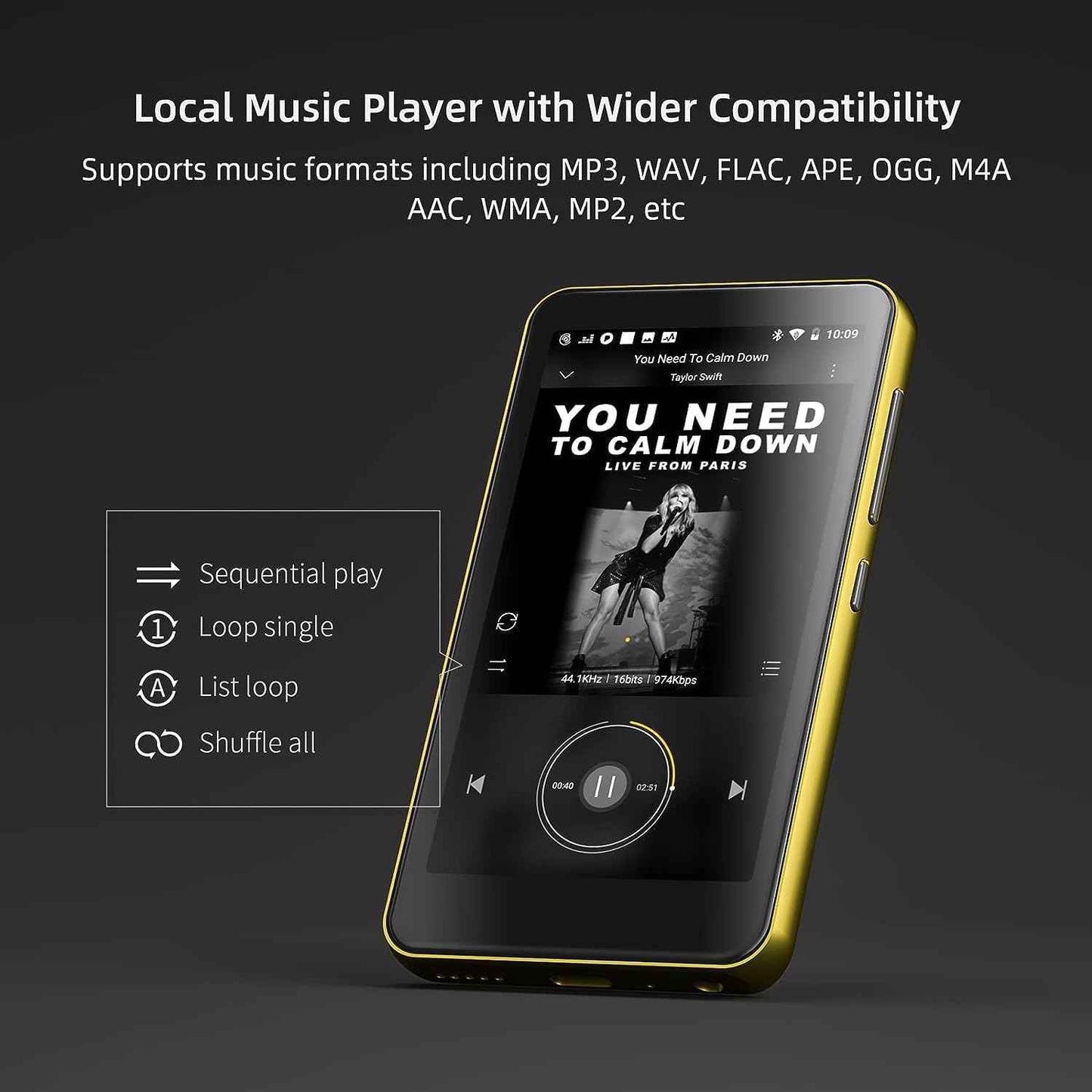 80GB MP3 Player with Bluetooth and WiFi, MP4 MP3 Player with Spotify 4" Full Touch Screen, Android Music Player with Pandora, HiFi Sound Walkman Digital Audio Player with Speaker (Gold-Black)
