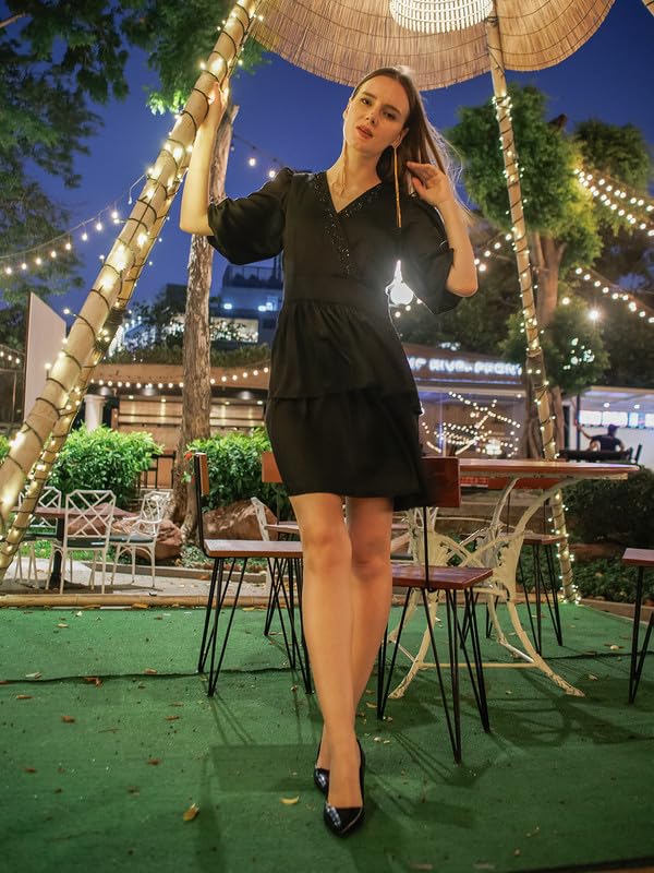 Zink London Women's Black Solid Layered Short Dress