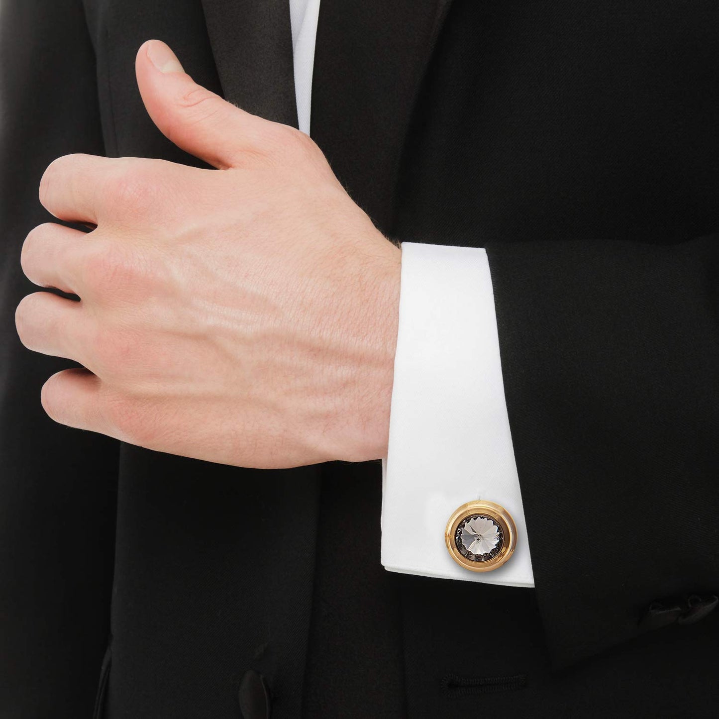 Lucky Jewellery Unique Men Jewelry White Stone Gold Plated Sleeve Button Formal Cuff Button Wedding Shirt Button, Suit, Blazer Cufflinks with Matching Tie Pin Gift Set for Men (307-M4C5-CR10MMT-W)