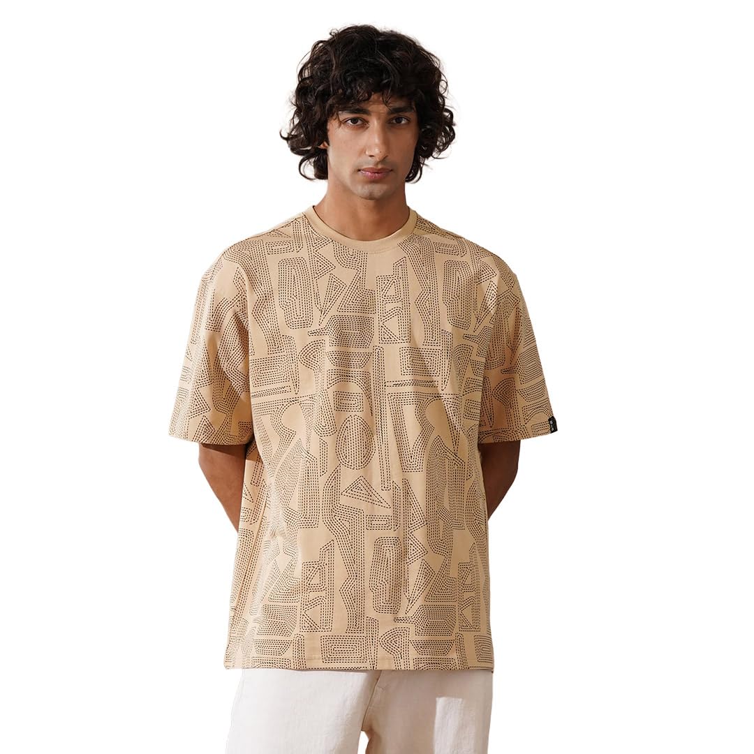 WROGN Men's 100% Cotton T-Shirt | Tonal All Over Print | Oversized Fit | Beige | M