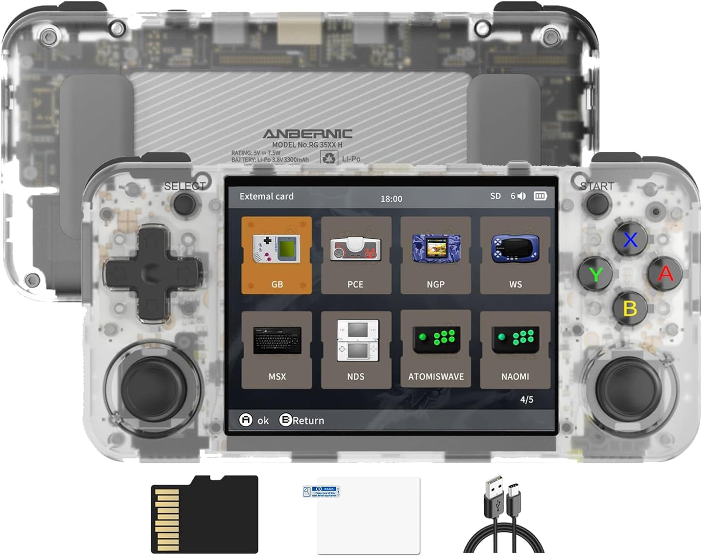 New World Anberni-c RG35XX H Retro Handheld Game Console 3.5 in IPS Screen Built-in 3300mAH Battery 64G TF Card Classic Games (White)