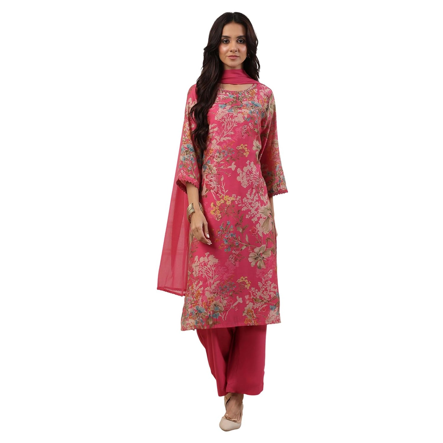 Biba Women Pink Cotton Blend Straight Suit Set_34