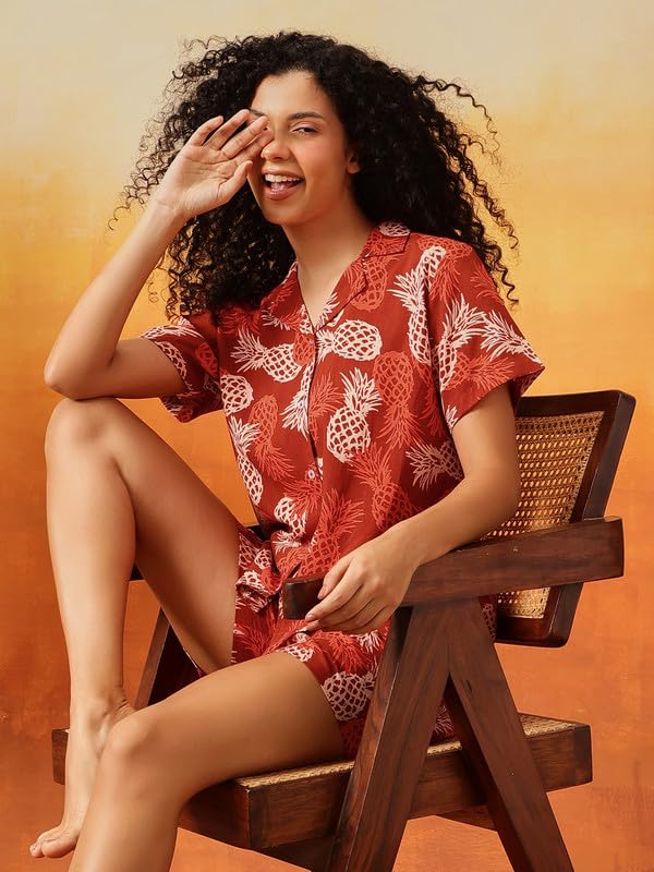 Clovia Women's Rayon Co-ord Nightwear Set – Printed Button-Down Shirt & Shorts | Lounge & Sleep Set (LS0141G06_Brown_XL)