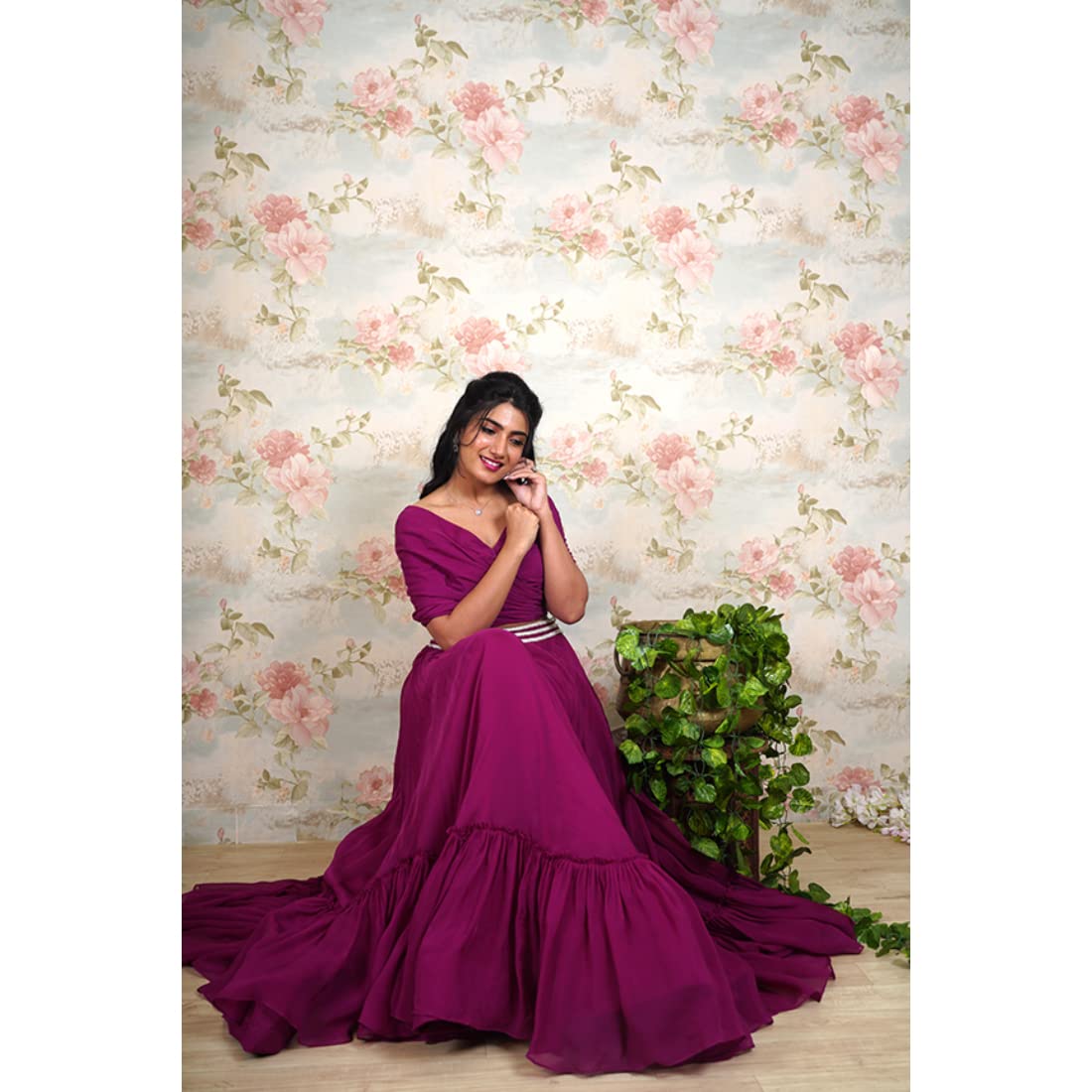 Avy's Label Lining Cotton Magenta Pink Drape Blouse and Ruffle Lehenga Machine Embroidery Work (Magenta Pink, 40)