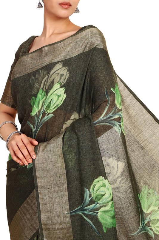 Soch Womens Green Linen Floral Print Saree