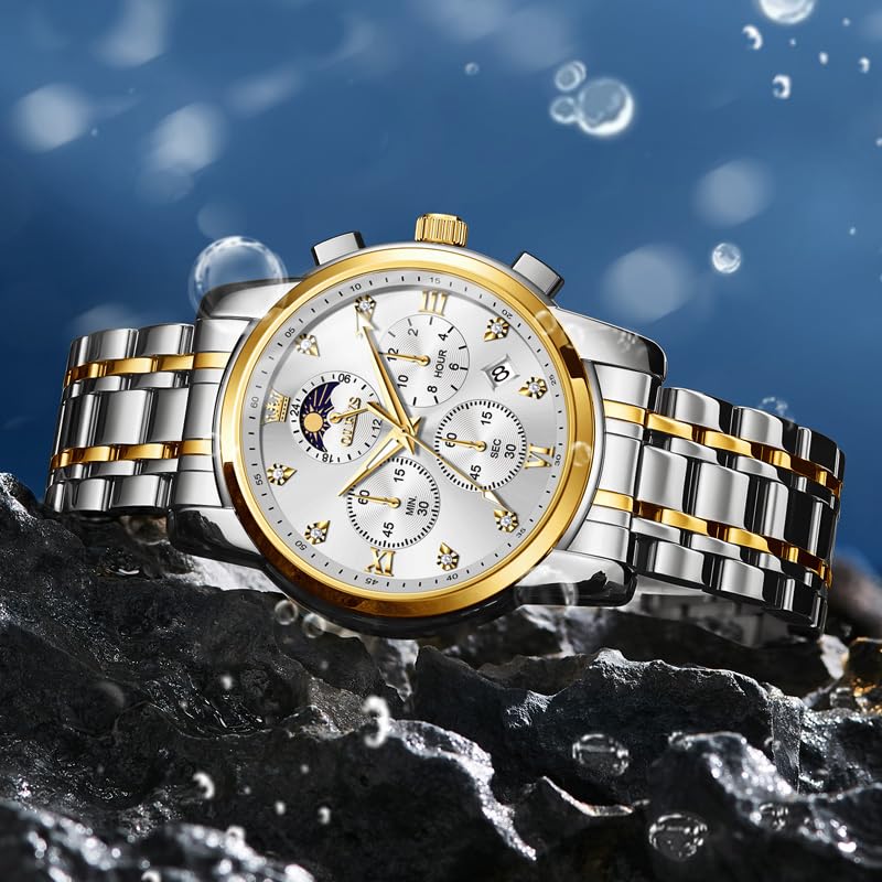 OLEVS Watch for Men Diamond Business Dress Analog Quartz Stainless Steel Waterproof Luminous Date Two Tone Luxury Casual Wrist Watch, Silver watches gold 3655, men watch