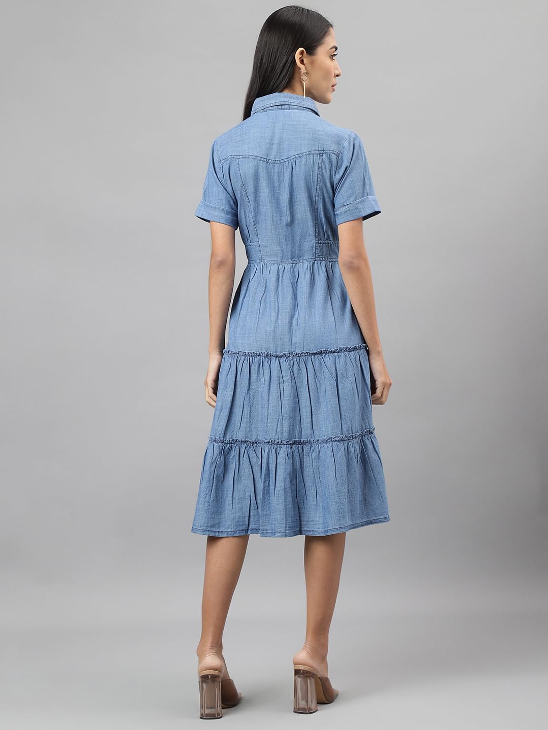 Latin Quarters Women Blue Collar Neck Half Sleeve Solid Knee Length Shirt Dress Casual for Wear