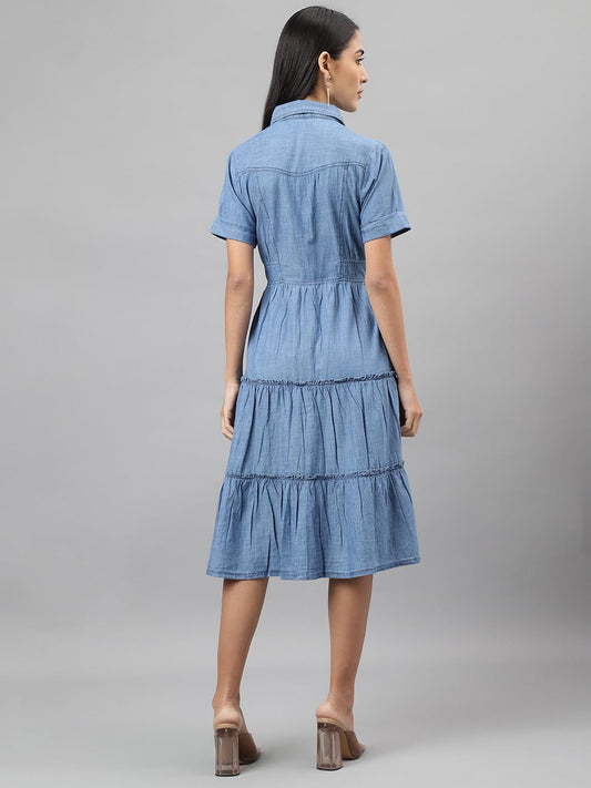 Latin Quarters Women Blue Collar Neck Half Sleeve Solid Knee Length Shirt Dress Casual for Wear