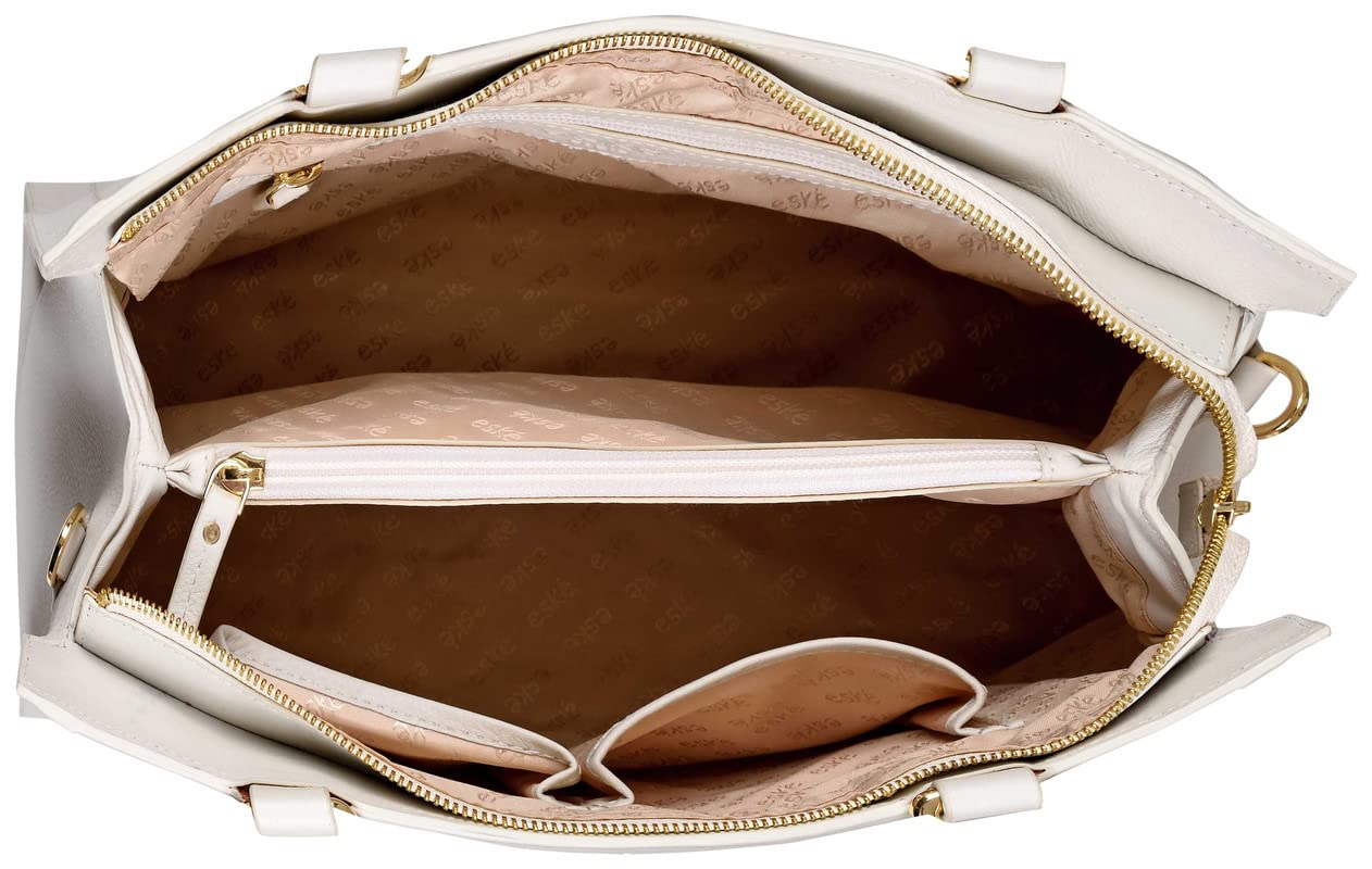 eske Christra - Genuine Leather Handbag - Spacious Compartments - Work and Travel Bag - Durable - Water Resistant - Adjustable Strap - Detachable Adjustable shoulder strap - For Women (Vanilla Cosmos)