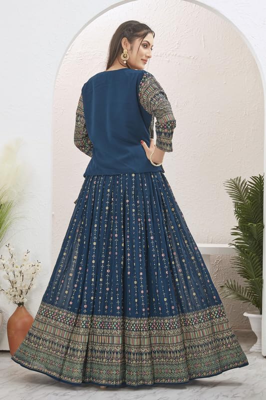 Samprag Georgette Lehenga Choli Set for Womens | 3/4 Sleeve |Round Neck |Ideal for Wedding & Party Occassions | Blue | XL