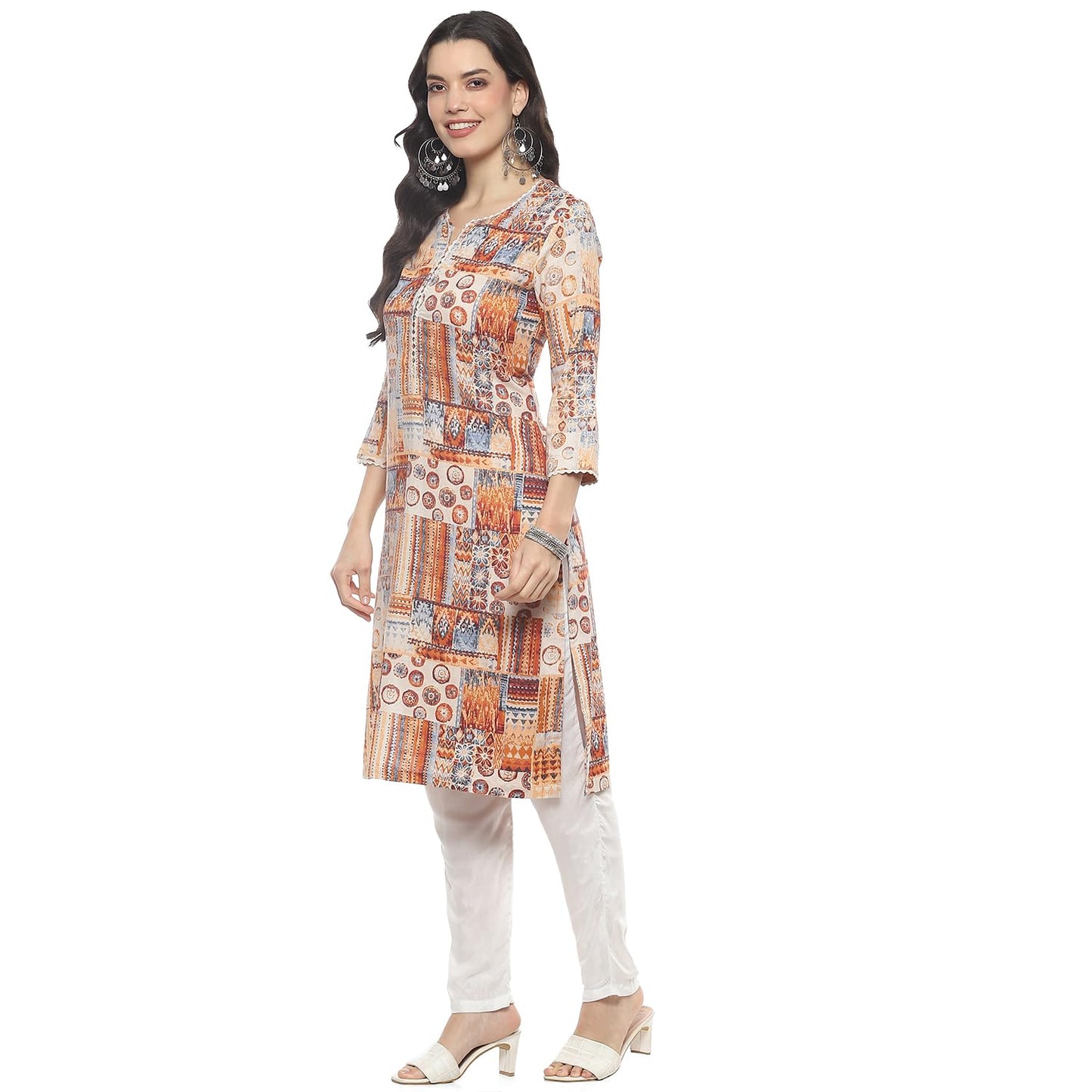 BIBA Regular Women Rayon Printed Kurta (ASSORTED20551SS24ECRU_Beige