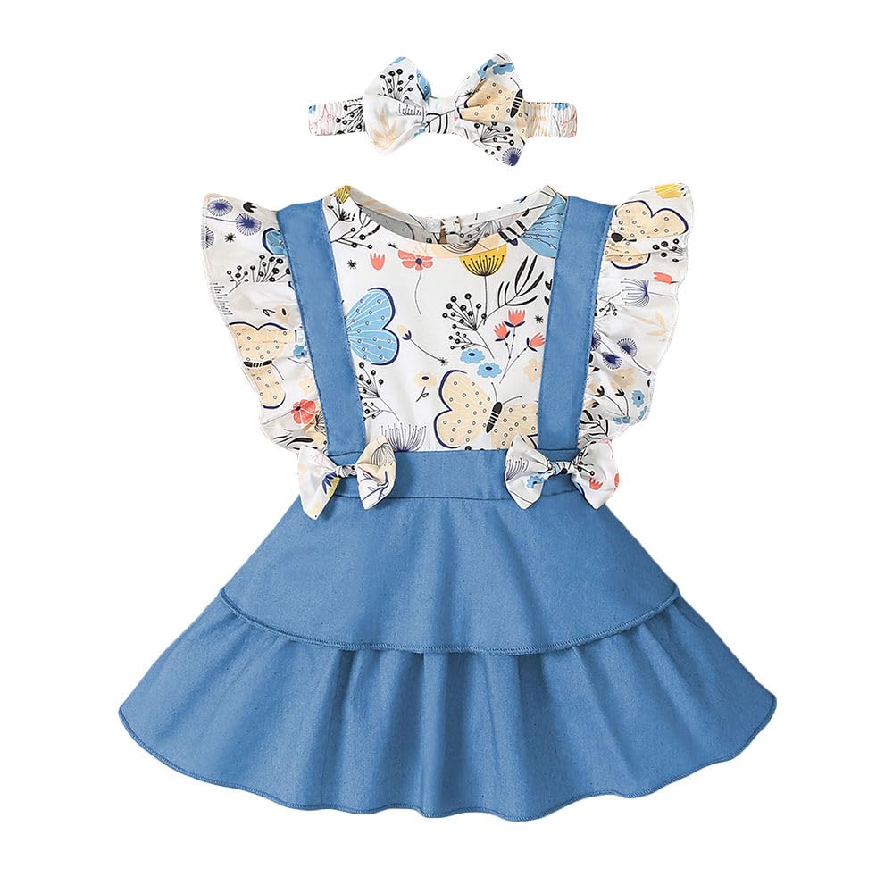 Hopscotch Girls Graphic Cotton Butterfly Sleeves Fit Flare Plain Casual Dresses in Blue Color for Ages 9-12 Months (GOO-4681165)