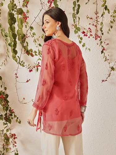 Ada Faux Georgette Short Kurti with Slip Hand Embroidered Lucknowi Chikankari Top Tunic for Women A911557 (2XL, Carrot Pink)