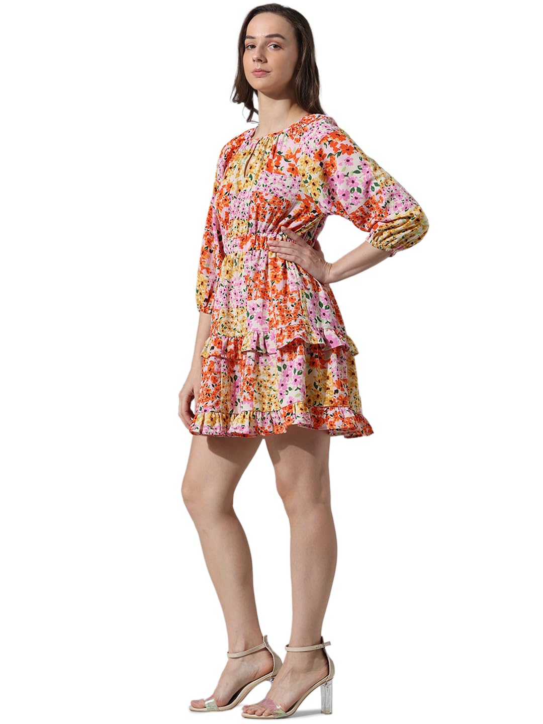 ONLY Women Printed Polyester Above Knee Multicolor Tiered Dress