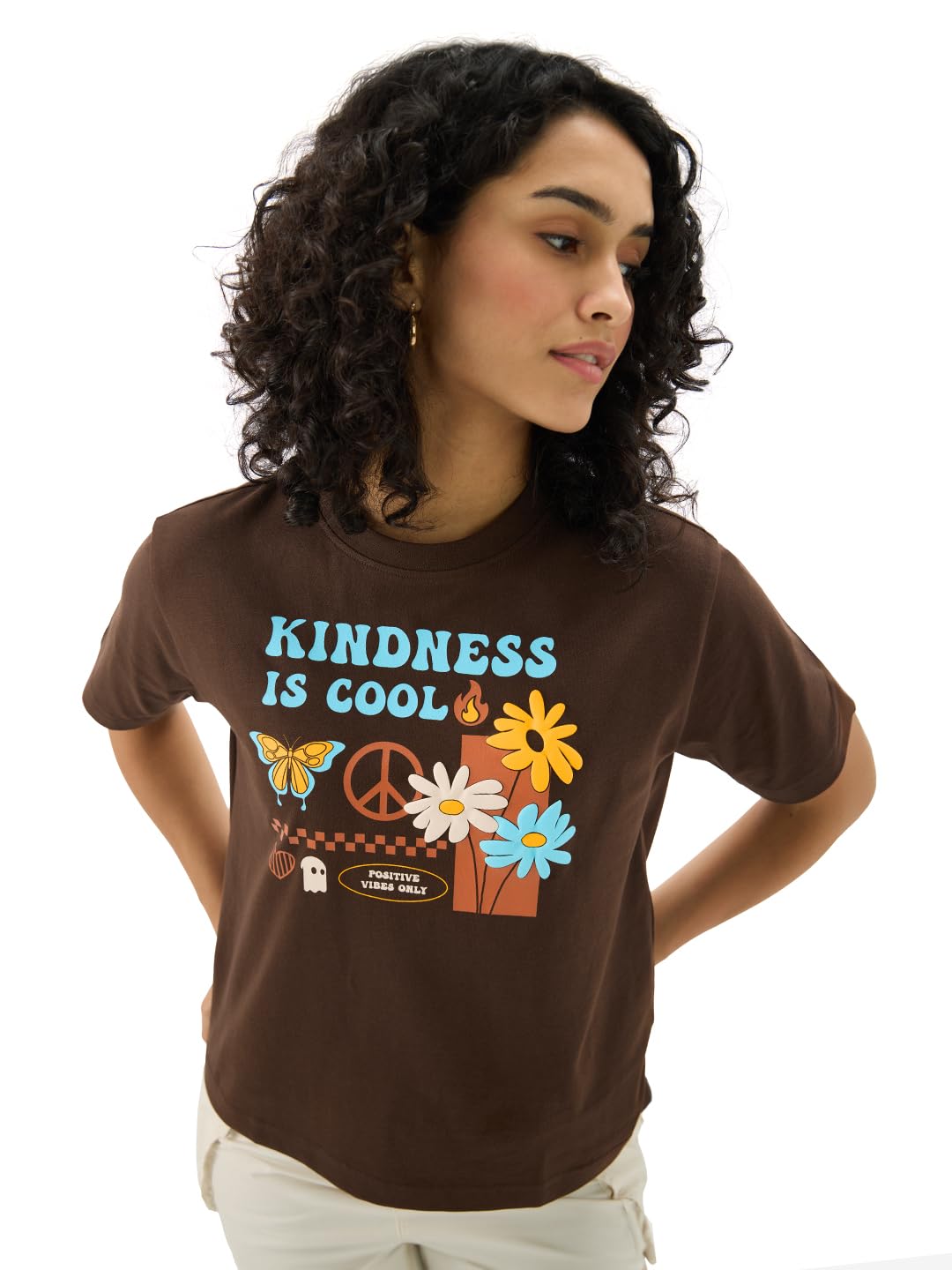 The Souled Store Originals: Kindness is Cool 100% Cotton Women & Girls Short Sleeve Round Crew Neck Brown Graphic Printed Regular Fit T-Shirts
