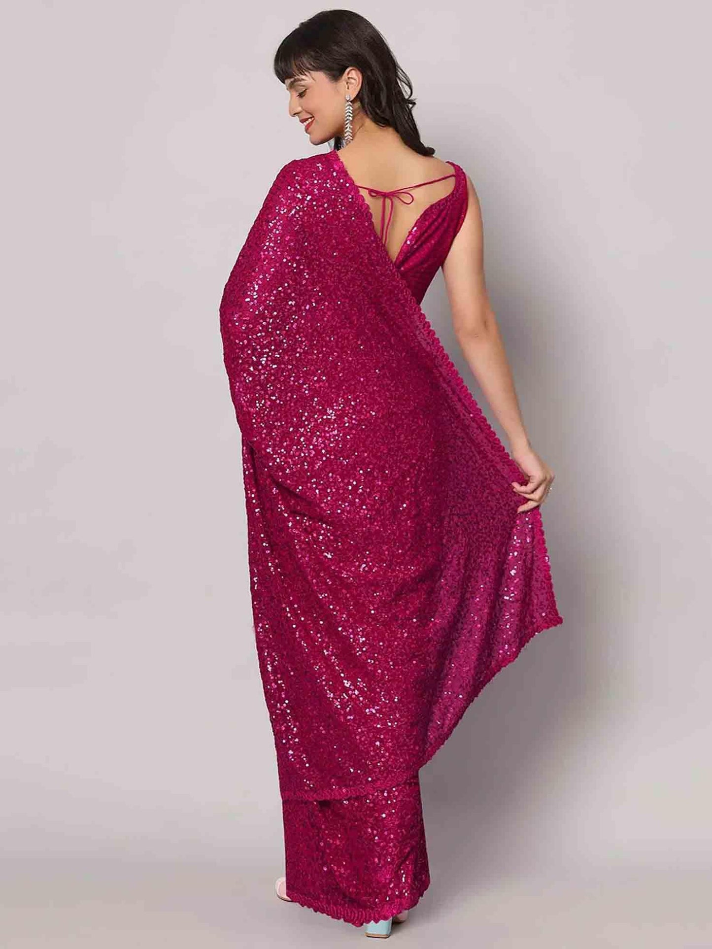 Zeel Clothing Women's Pink Sequins Work Heavy Georgette Saree with Blouse (1003-Hot-Pink-Sequins-Party-Saree-New, Hot Pink)