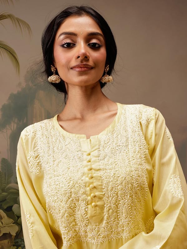 Ada Hand Embroidered Yellow Cotton Short Kurta Kurti Lucknow Chikankari Top Tunic for Women A911464 (2XL)
