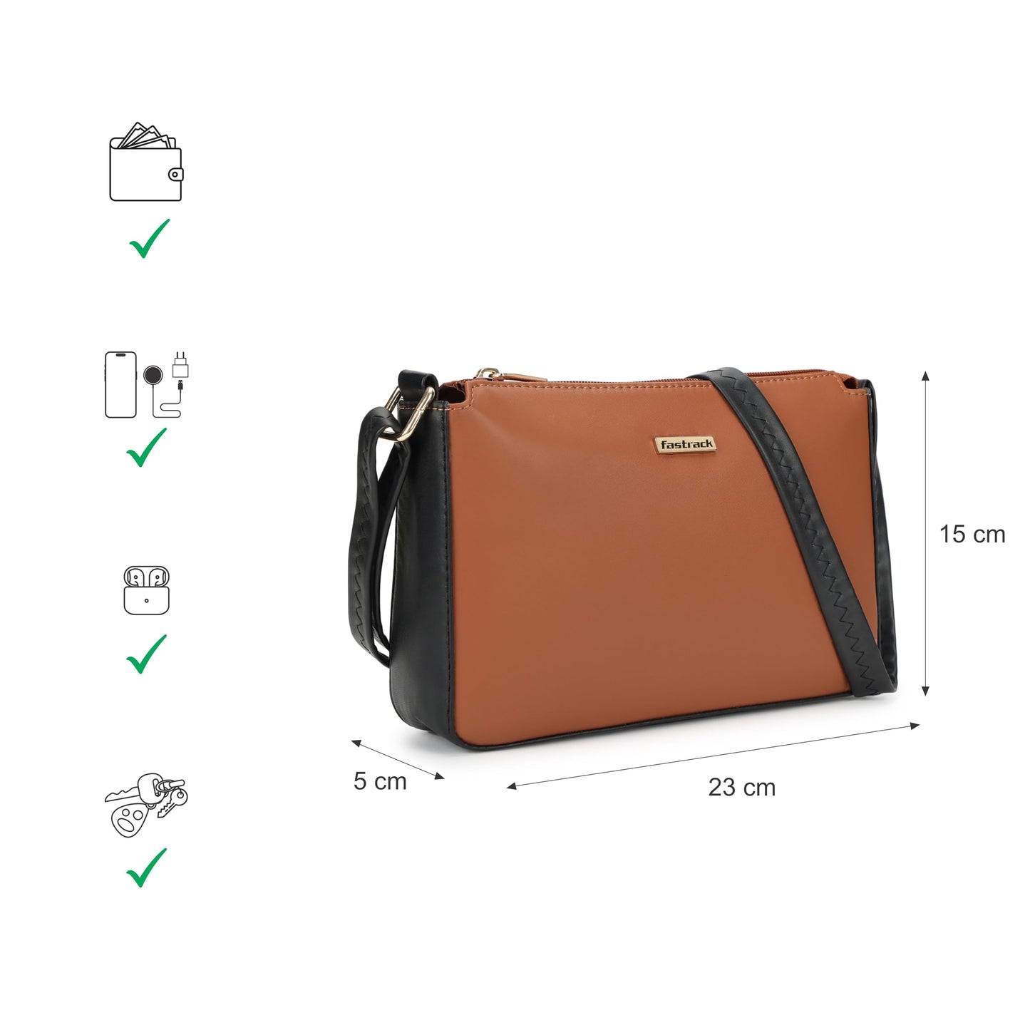 Fastrack Sling Bag For Women | Faux Leather Sling With Zip Closure | Adjustable Strap and Multiple Pockets For Easy Storage| Trendy Handbags For Women