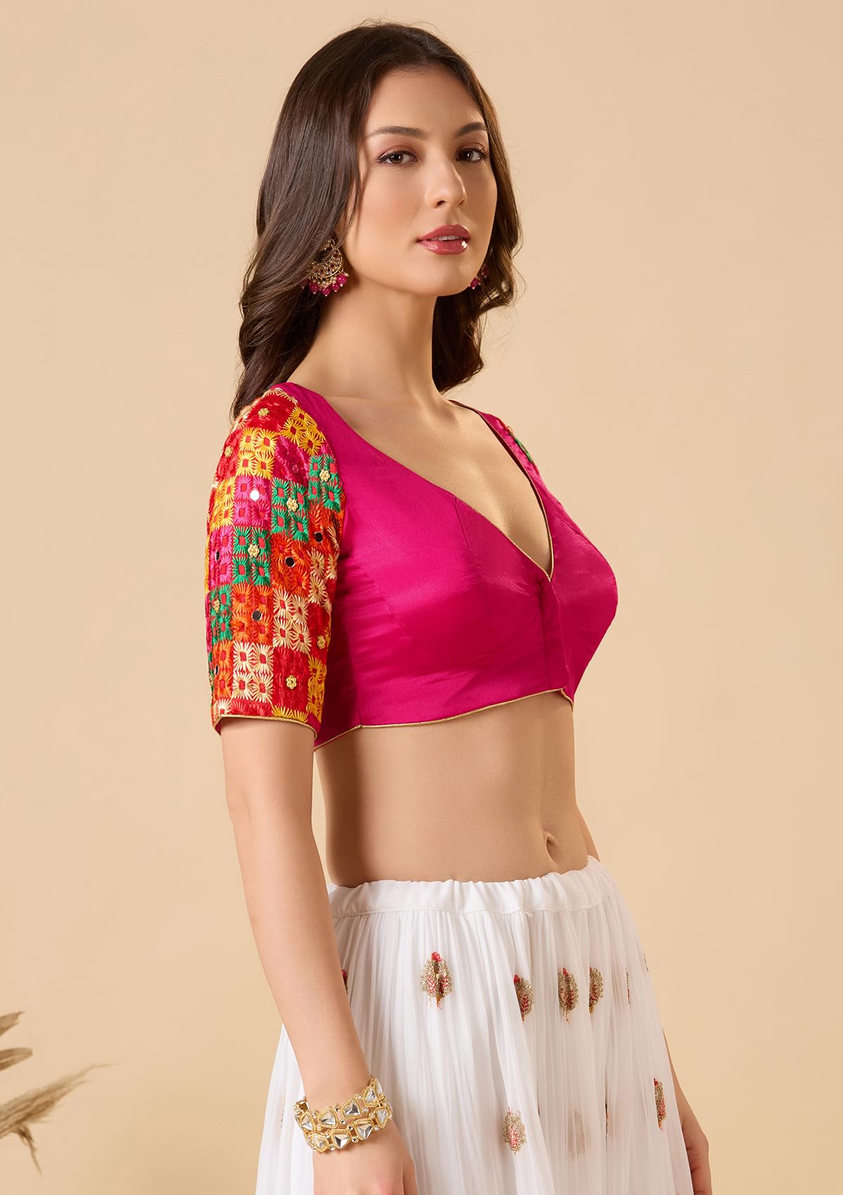 S SALWAR STUDIO Pink Chinon Silk Sweetheart Neck Phulkari Readymade Blouse