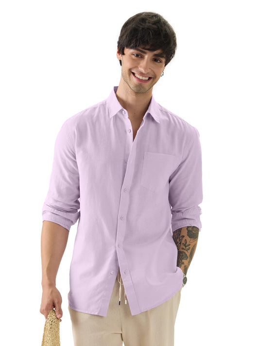 The Souled Store Orchid Purple Men and Boys Long Sleeves Collared Neck Button Front Regular Fit Cotton Linen Shirts