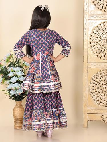 superminis Girls Cotton Floral Printed Gotta Work 3/4 Sleeves Flared Design Kurti & Sharara Set (2-3 Years, Navy Blue)