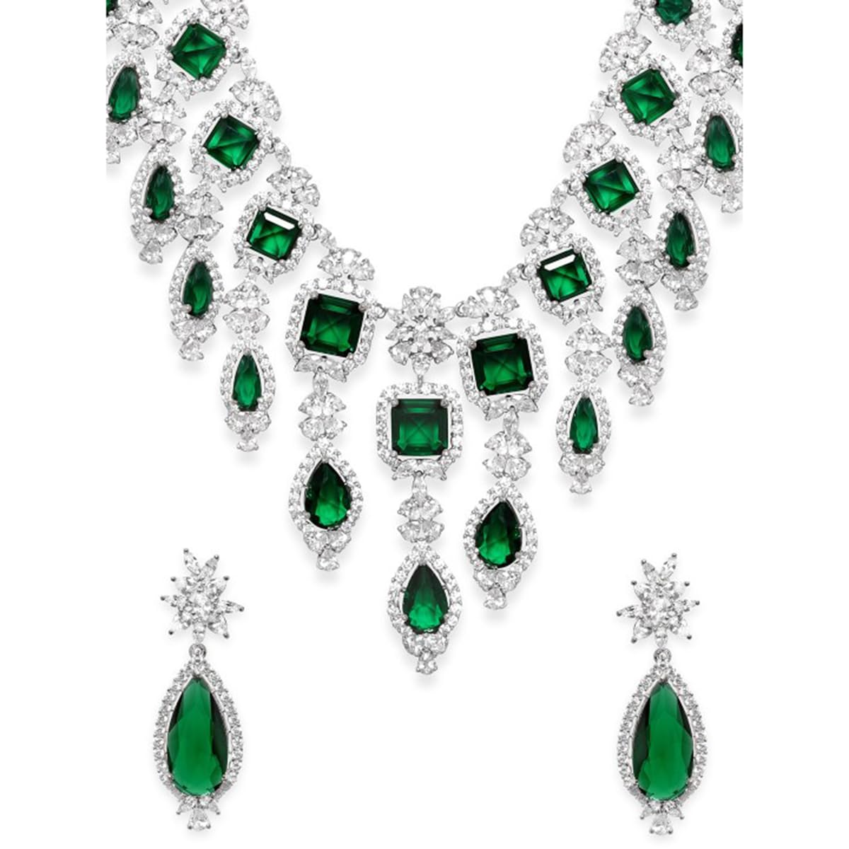Rubans Womens Rhodium-Plated Stone Studded Necklace Earrings
