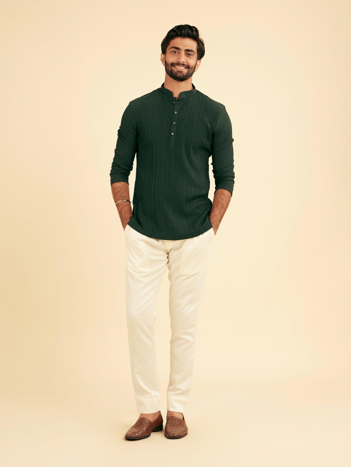 Manyavar Men's Spandex Textured Short Kurta (Dark Green,XXL)