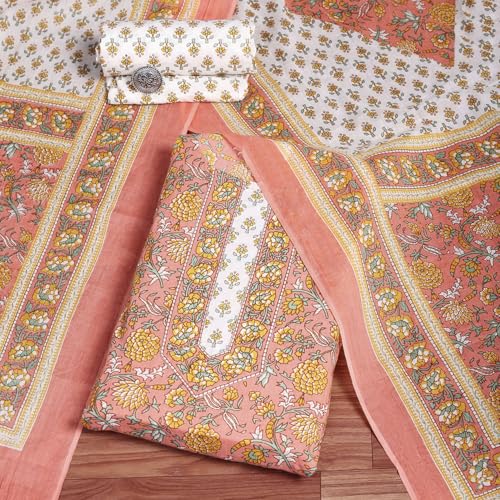 BIBA Women Peach Cotton Screen Print Unstitched Suit Set_FREE SIZE
