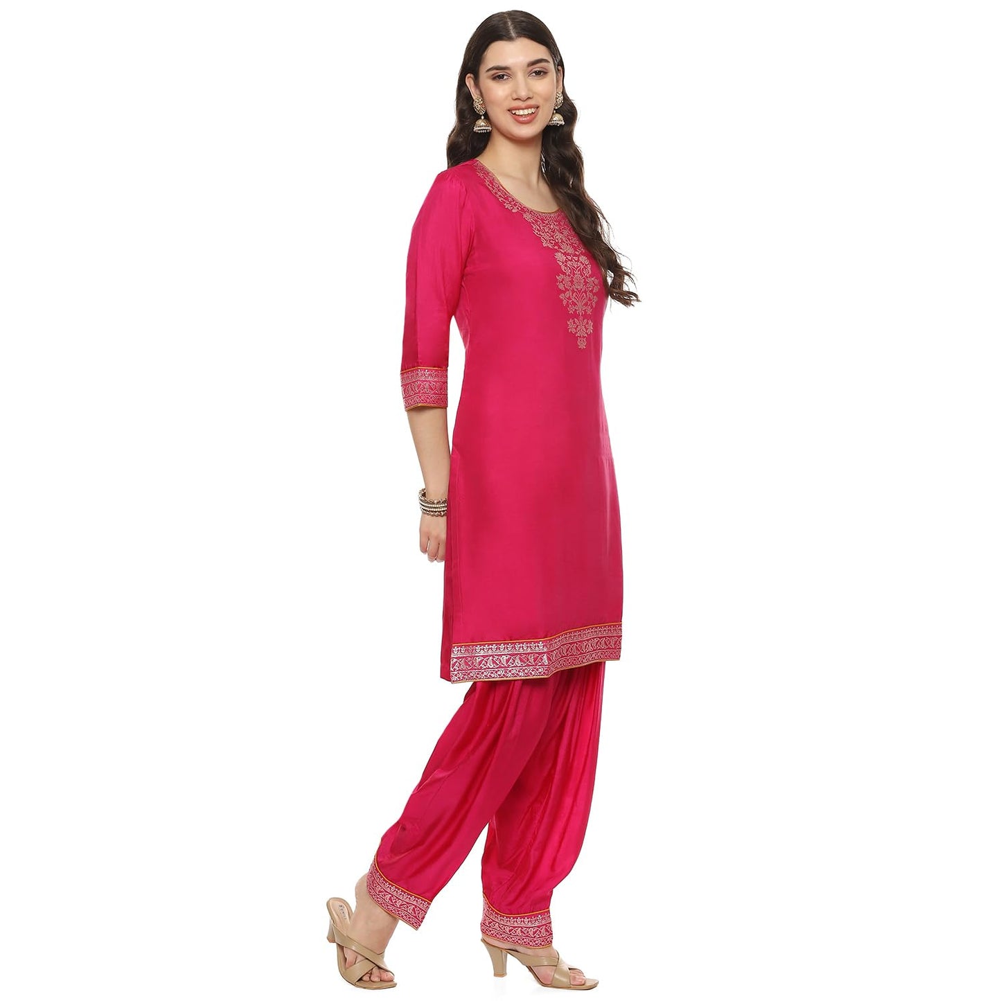 BIBA WOMEN YARNDYED STRAIGHT SALWAR KURTA DUPATTA(SKDBANARASI8848_FUCHSIA_38)