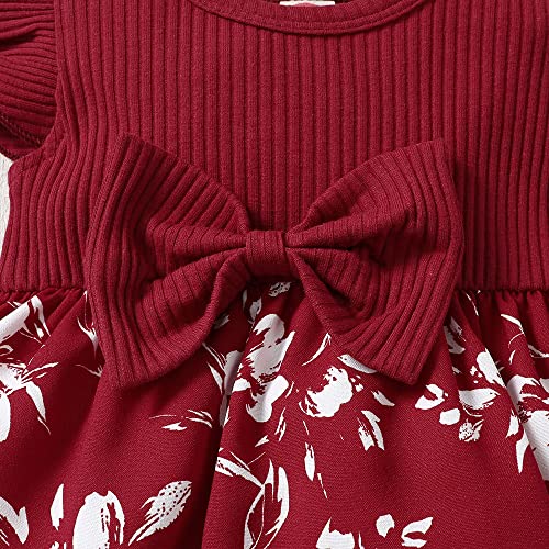 Hopscotch Girls Floral Print Knee-Length Casual Dress With Headband In Red Color For Ages 9-12 Months