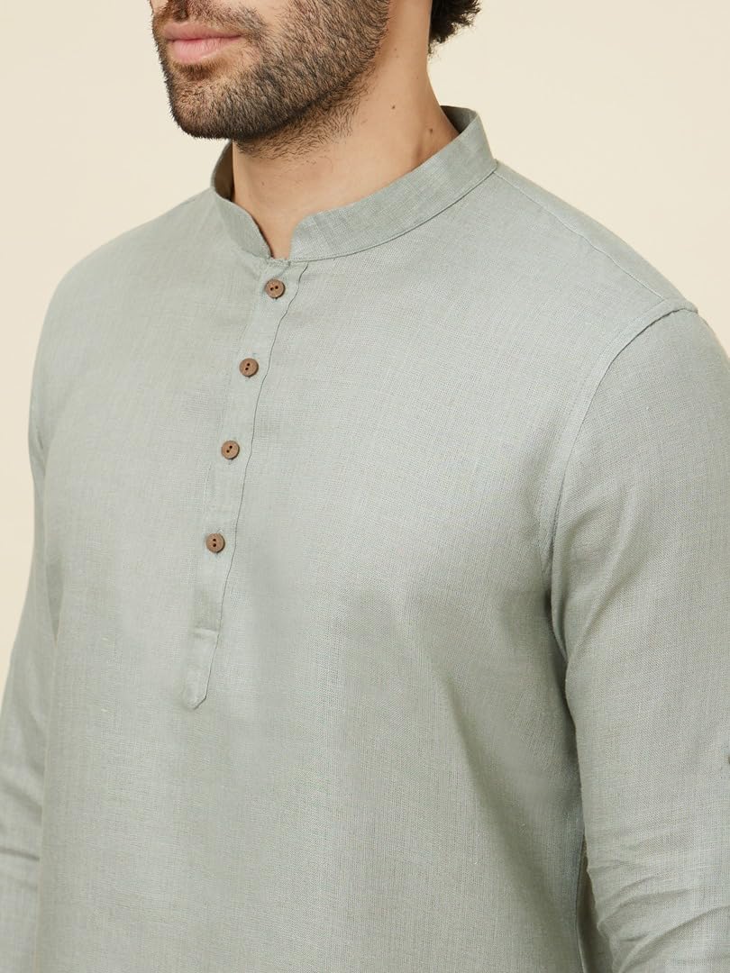 Manyavar Mens Pista Green Linen Short Kurta