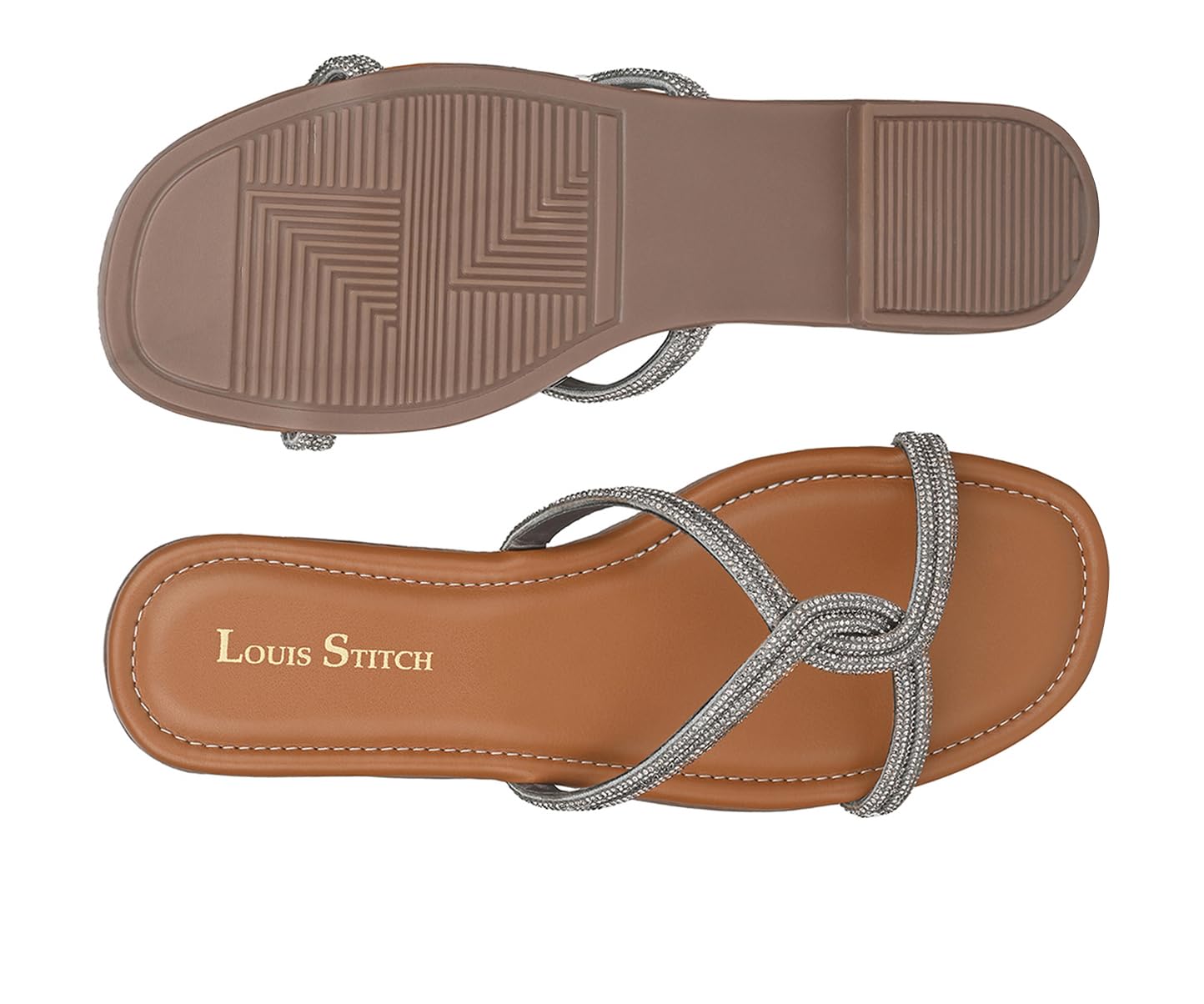 LOUIS STITCH Women’s Fashion Flat Tan Slip-On Sandals | Open Toe Silver Cross Strap Flat Slipper for Ladies | LSOF-LDSL-CRCSGM| (UK-7)